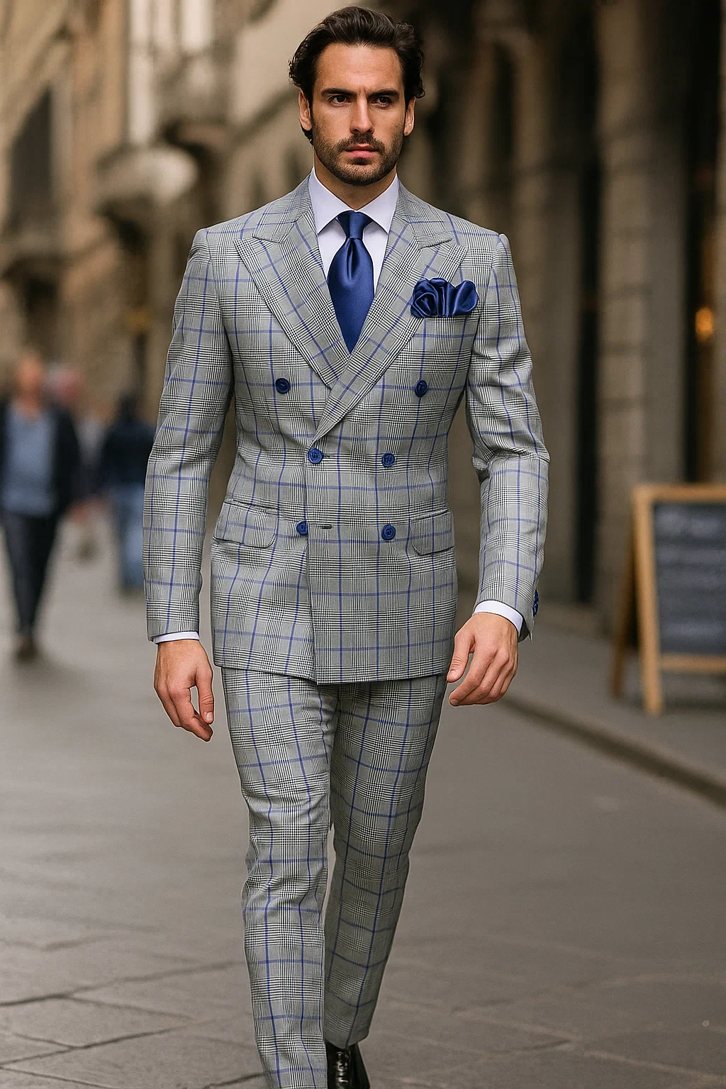Suits With Baggy Pleated Pants - Wide Leg Pants 100% Wool - Classic Fit in Color Grey with Blue Plaid by Rossiman - 38 Regular