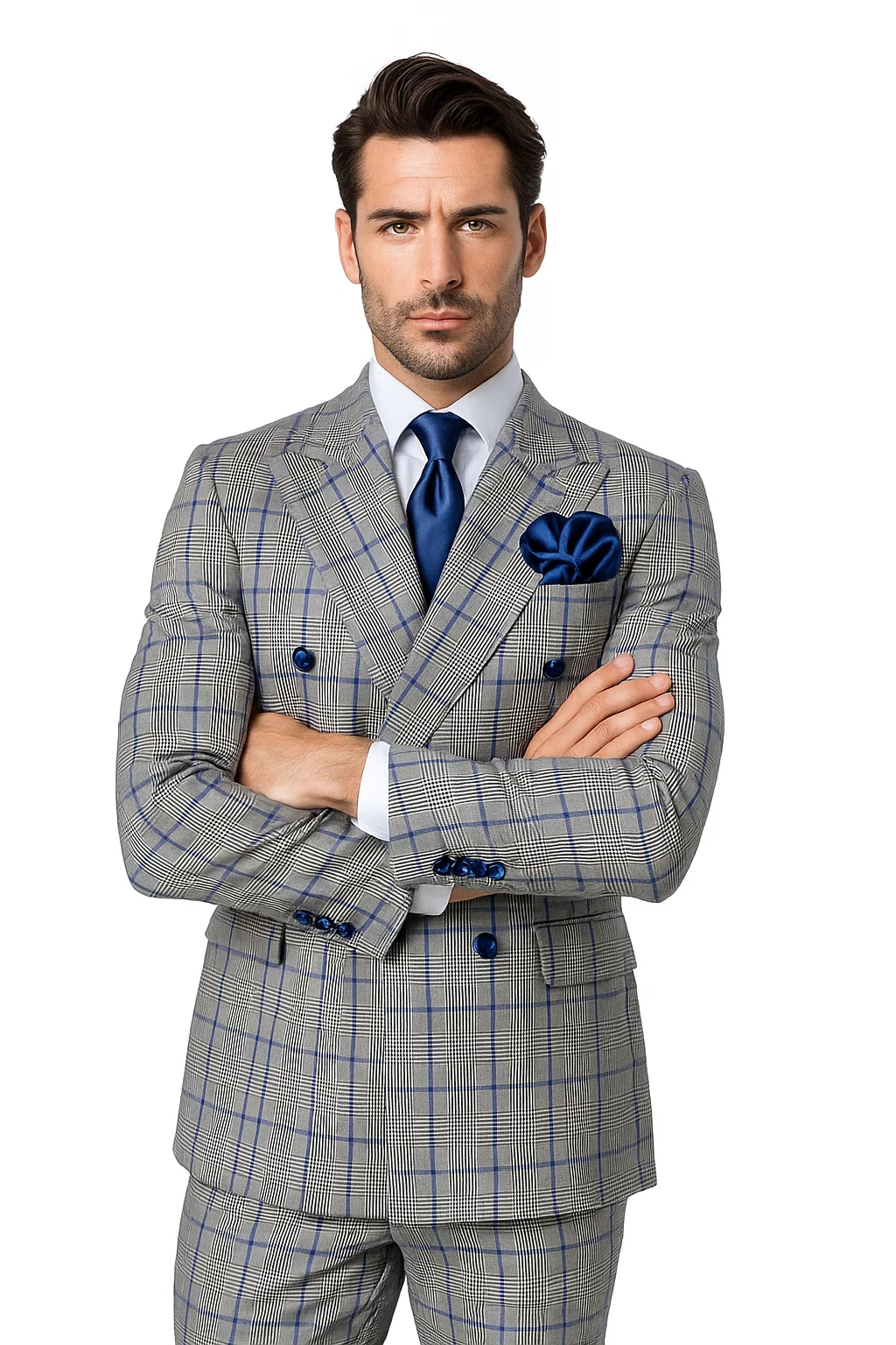 Suits With Baggy Pleated Pants - Wide Leg Pants 100% Wool - Classic Fit in Color Grey with Blue Plaid by Rossiman - 38 Regular