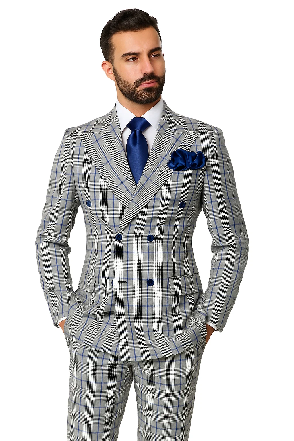 Suits With Baggy Pleated Pants - Wide Leg Pants 100% Wool - Classic Fit in Color Grey with Blue Plaid by Rossiman - 38 Regular