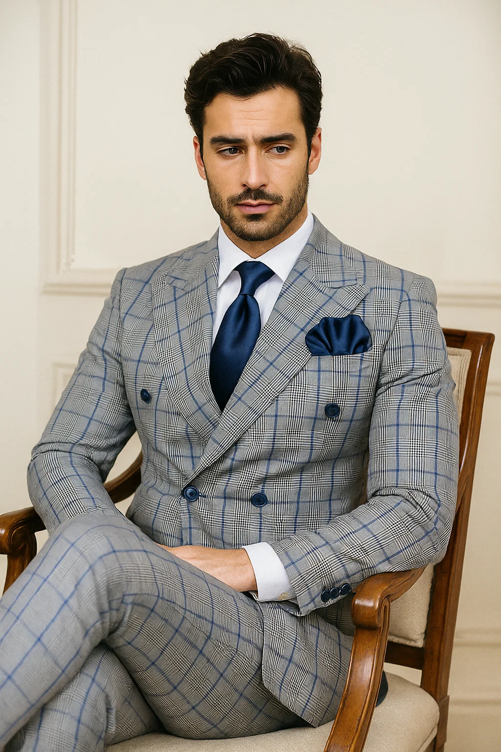 Suits With Baggy Pleated Pants - Wide Leg Pants 100% Wool - Classic Fit in Color Grey with Blue Plaid by Rossiman - 38 Regular