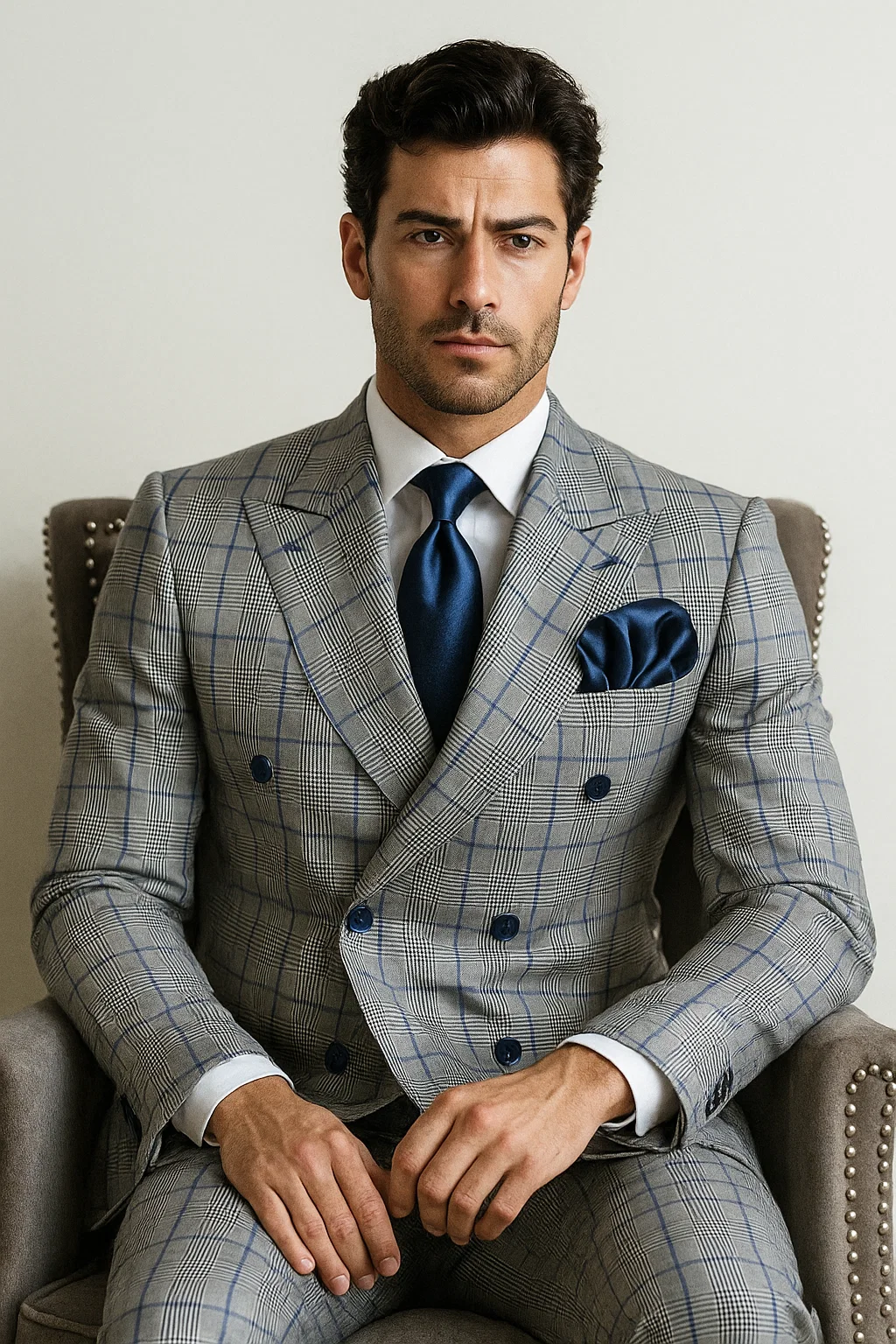 Suits With Baggy Pleated Pants - Wide Leg Pants 100% Wool - Classic Fit in Color Grey with Blue Plaid by Rossiman - 38 Regular