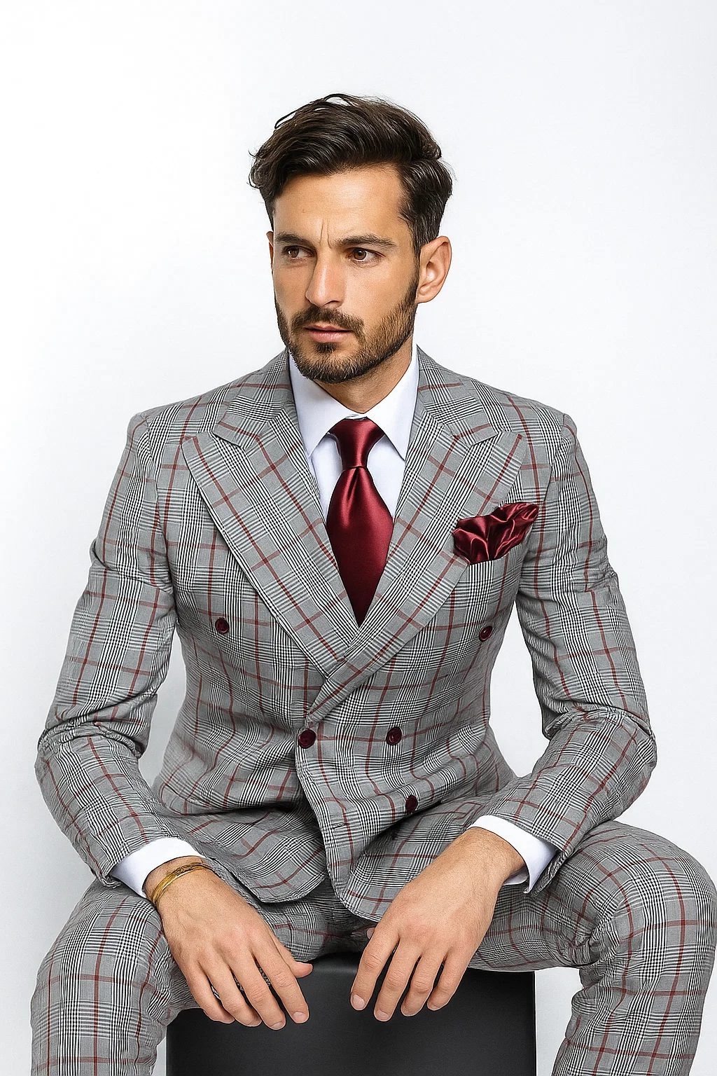 Suits With Baggy Pleated Pants - Wide Leg Pants 100% Wool - Classic Fit in Color Grey with Red Plaid by Rossiman - 38 Regular
