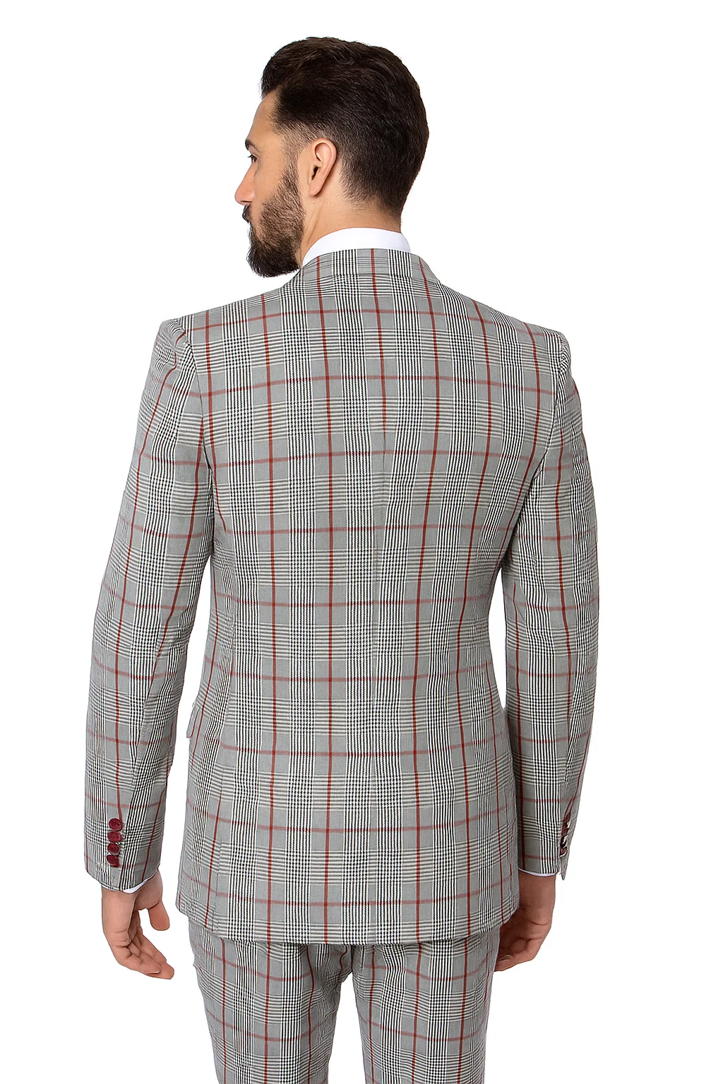 Suits With Baggy Pleated Pants - Wide Leg Pants 100% Wool - Classic Fit in Color Grey with Red Plaid by Rossiman - 38 Regular