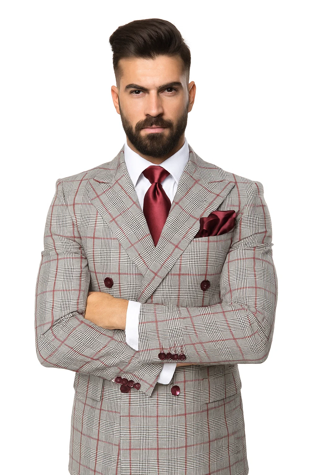 Suits With Baggy Pleated Pants - Wide Leg Pants 100% Wool - Classic Fit in Color Grey with Red Plaid by Rossiman - 38 Regular