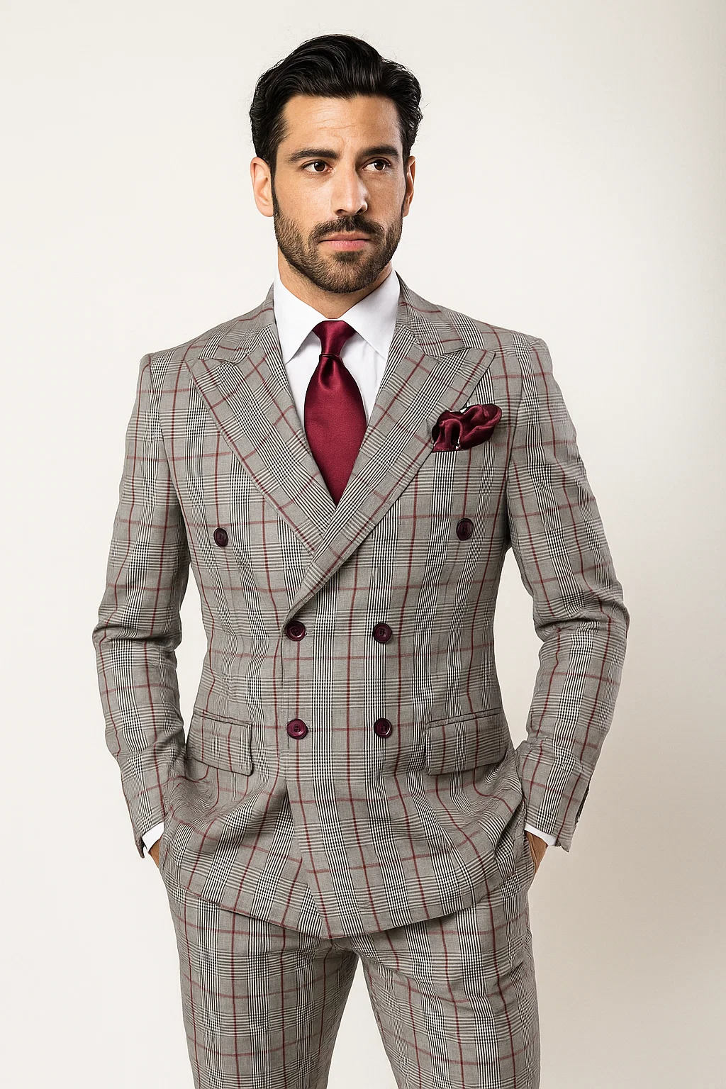Suits With Baggy Pleated Pants - Wide Leg Pants 100% Wool - Classic Fit in Color Grey with Red Plaid by Rossiman - 38 Regular