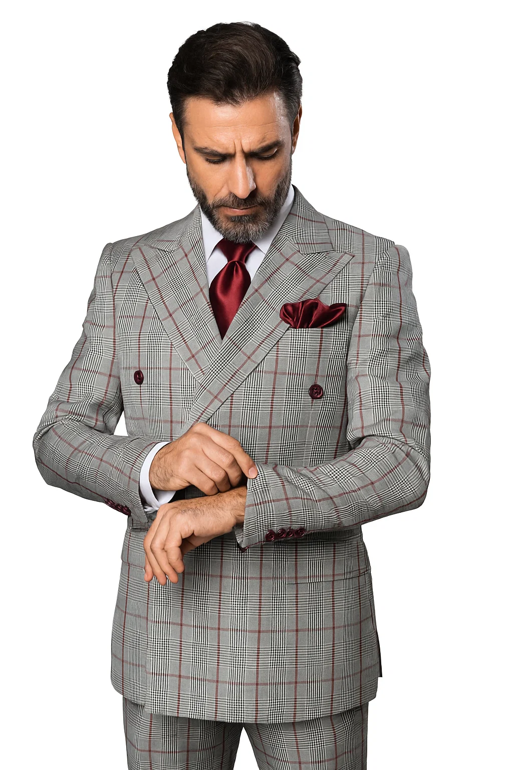 Suits With Baggy Pleated Pants - Wide Leg Pants 100% Wool - Classic Fit in Color Grey with Red Plaid by Rossiman - 38 Regular