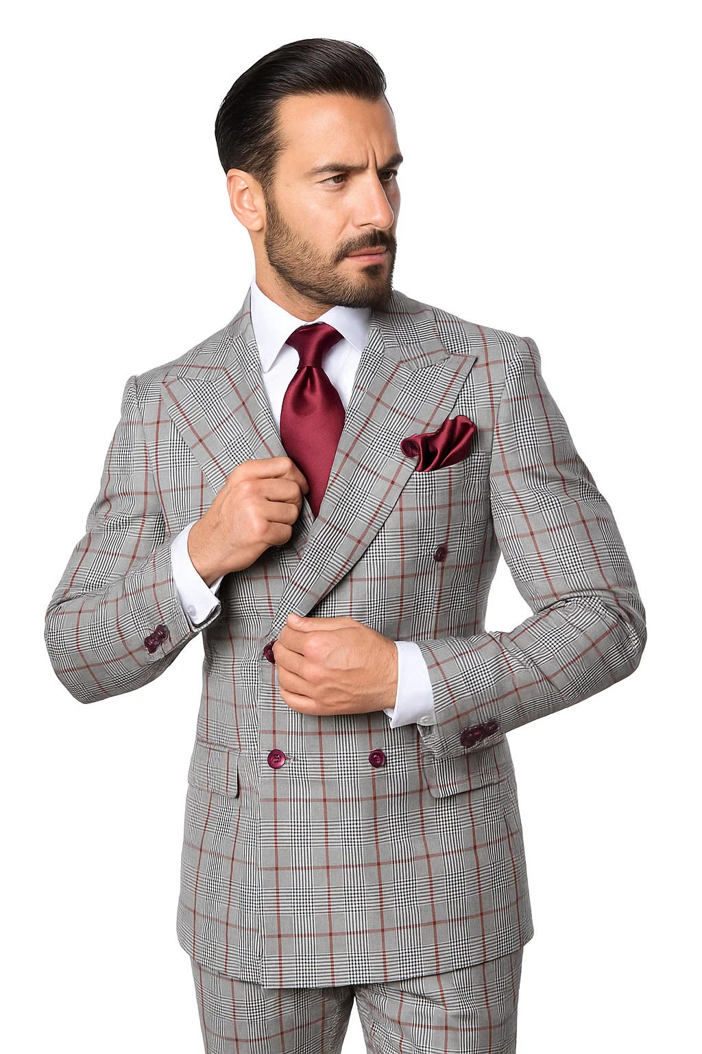 Suits With Baggy Pleated Pants - Wide Leg Pants 100% Wool - Classic Fit in Color Grey with Red Plaid by Rossiman - 38 Regular