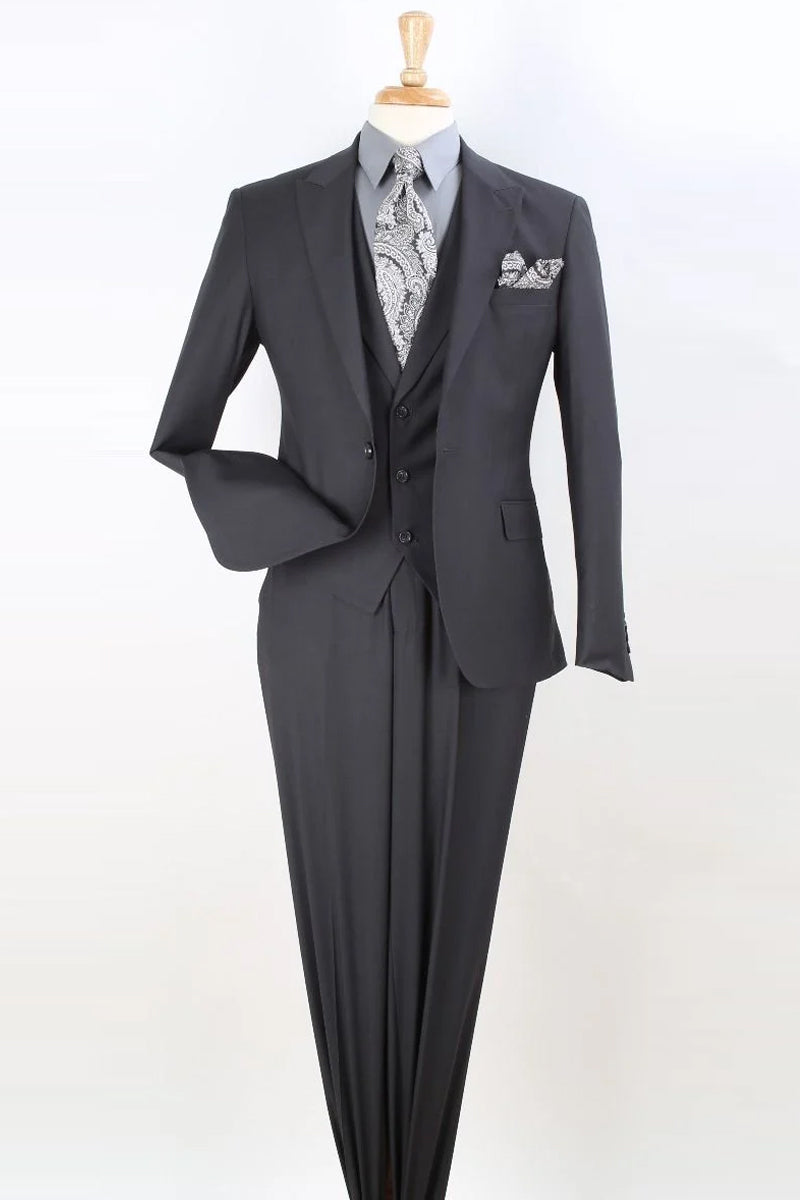 "Charcoal Grey Modern Fit Men's Suit - One Button, Peak Lapel, Vested" - 34 Regular