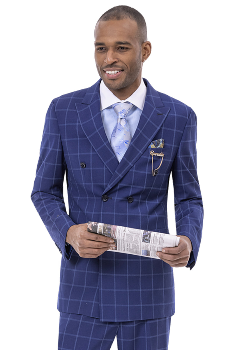 "Classic Men's Double Breasted Suit - Navy Blue Windowpane Plaid"