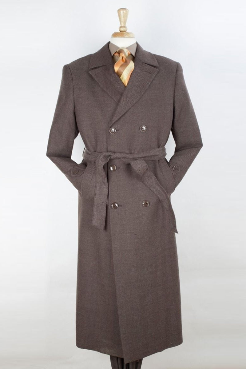 Double Breasted Wool Overcoat for Men - Full Length, Belted, Brown Herringbone