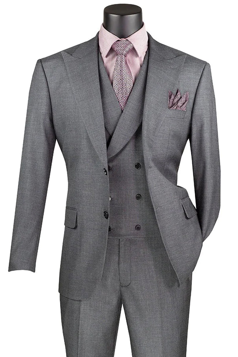 Sharkskin Charcoal Grey Men's Summer Suit with Double Breasted Vest