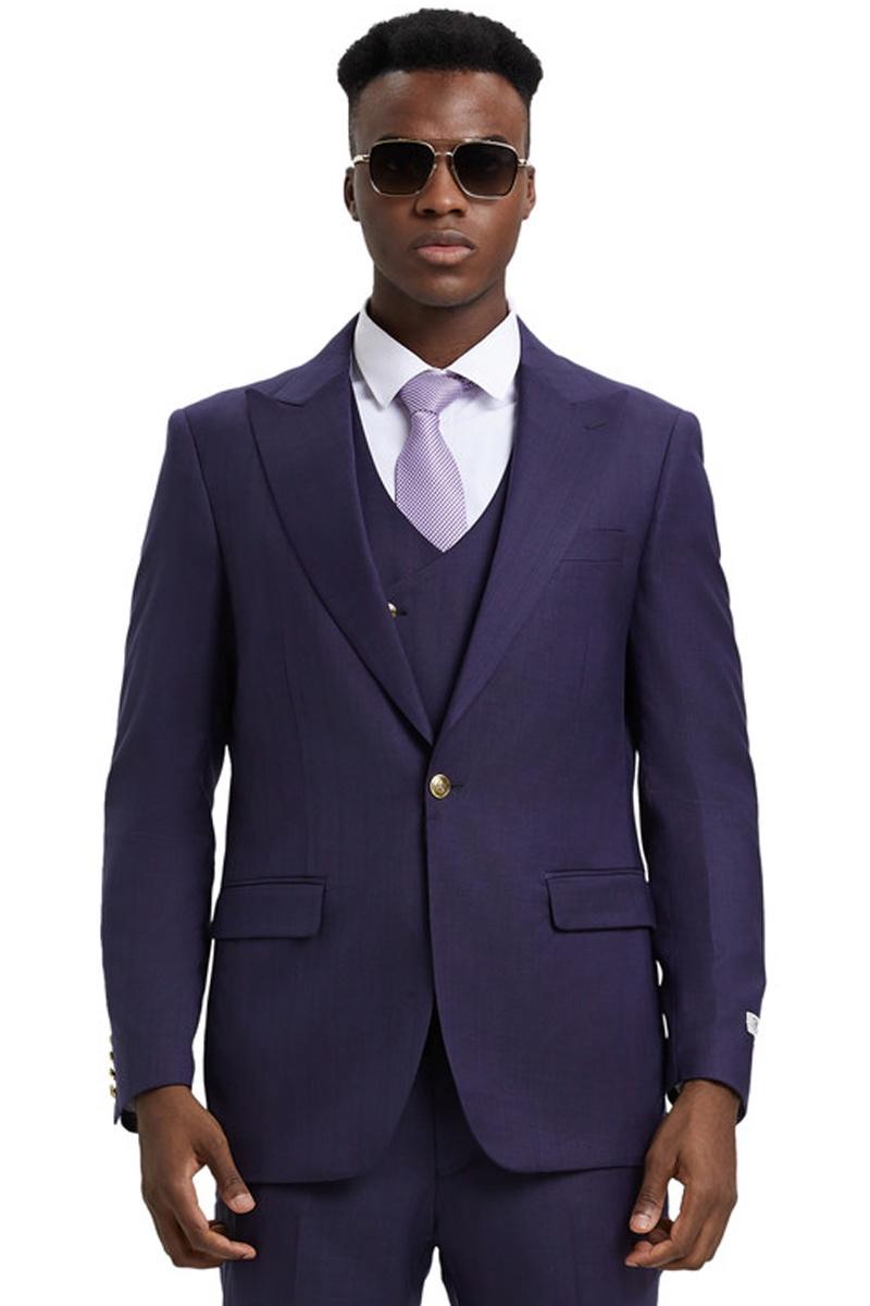 Men's Stacy Adams Vested One Button Side Peak Lapel Pinstripe Suit in Eggplant Purple - 38 Regular