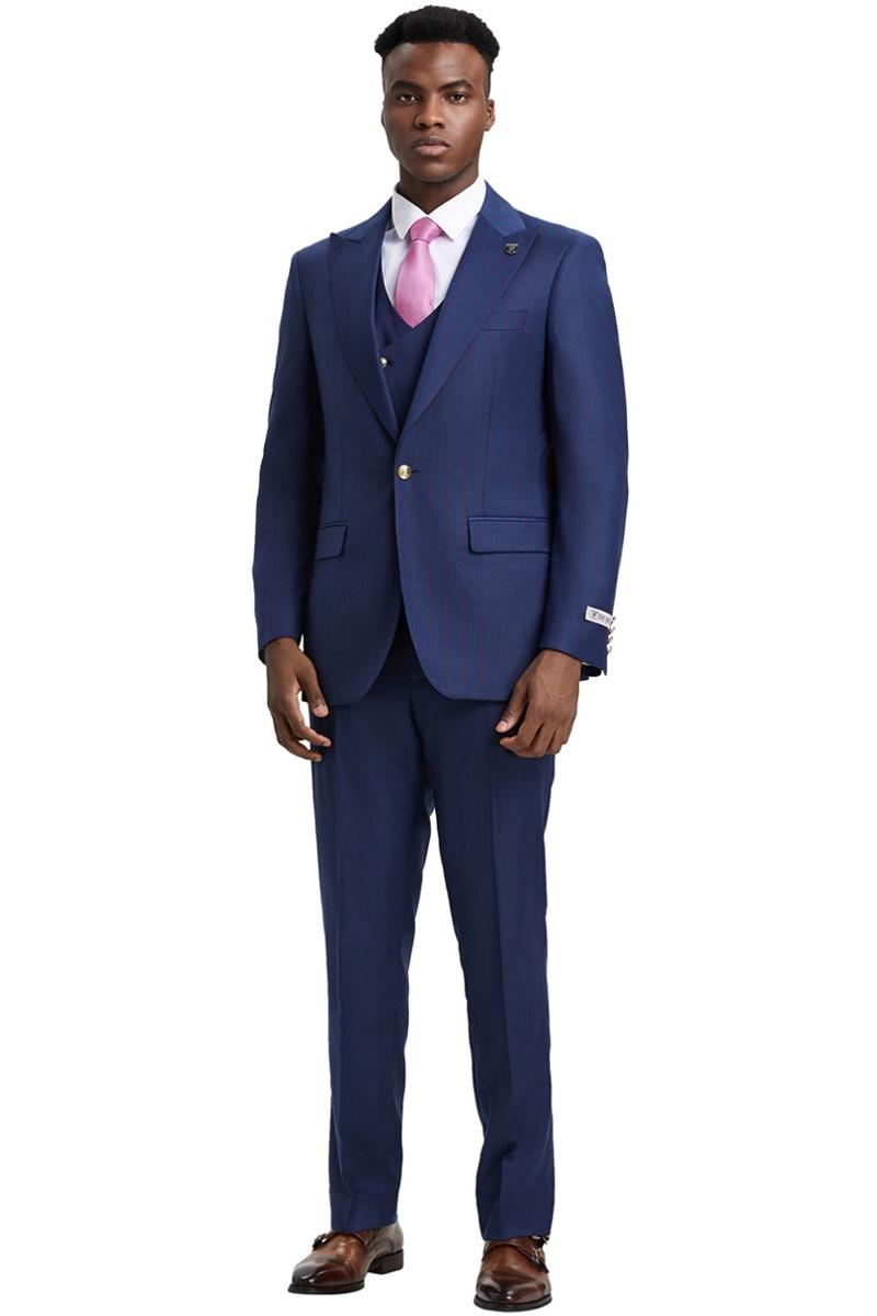 Men's Stacy Adams Vested One Button Side Peak Lapel Pinstripe Suit in Navy Blue - 38 Regular