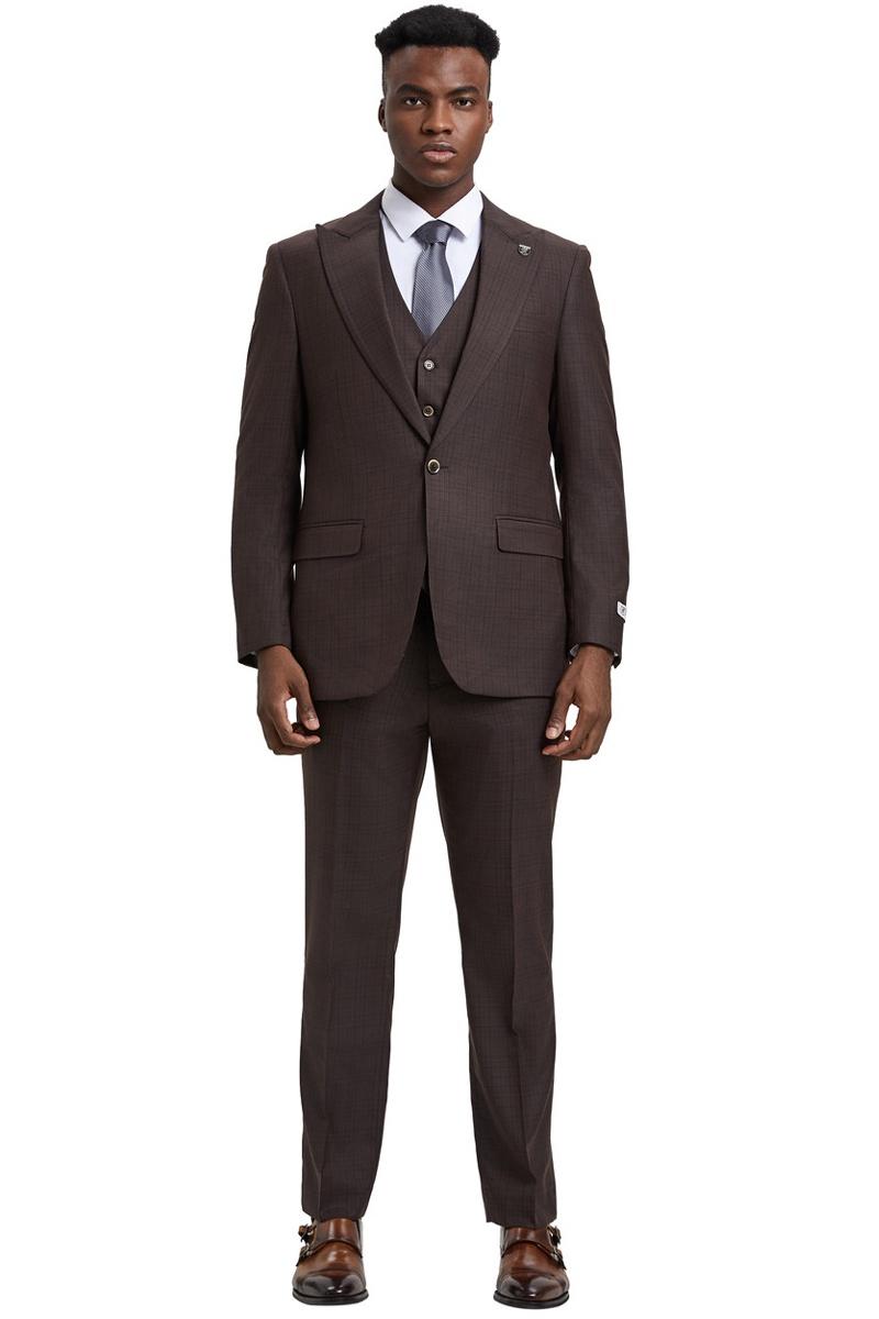 Men's Stacy Adams Vested One Button Wide Peak Lapel Windowpane Plaid Suit in Brown - 38 Regular