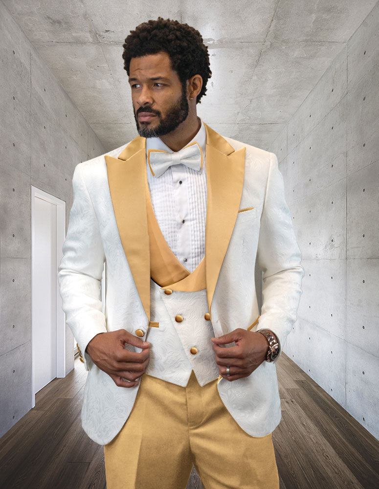 Mens White and Gold Champagne Color Satin Lapel Tuxedo Peak Lapel Modern Fit With Bowtie 4PC - 34 Short or Extra Small