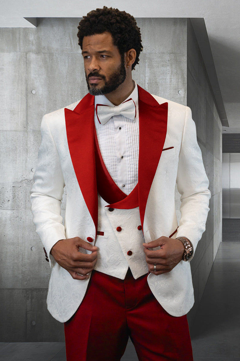 Men's Designer Vested Contrast Peak Lapel Wool Wedding & Prom Tuxedo in White Paisley & Red - 36 Short