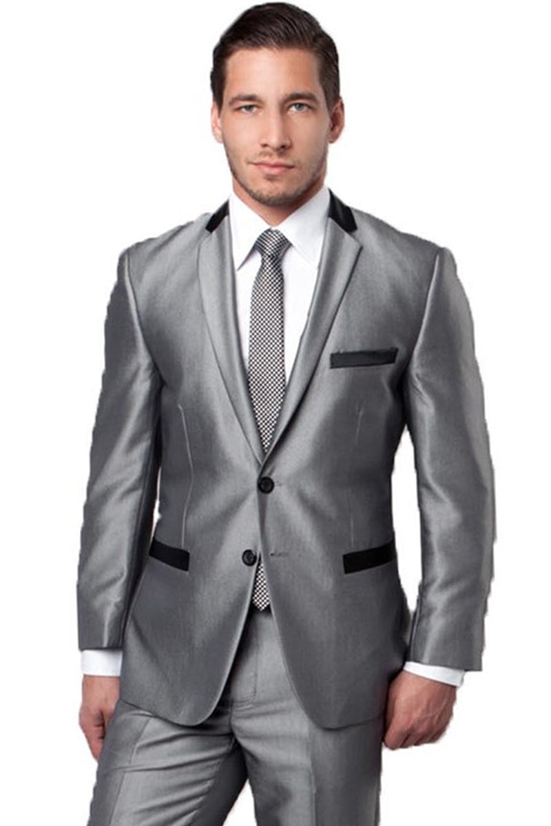 "Sharkskin Slim Fit Men's Suit - Two Button, Silver Grey, Contrast Collar & Trim"