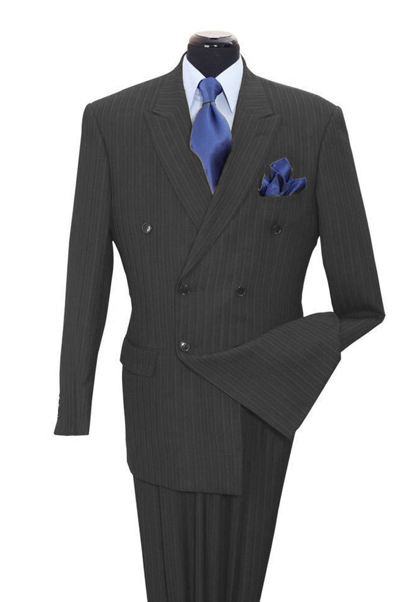 "Grey Pinstripe Suit - Classic Double Breasted Men's Suit" - 54 Long