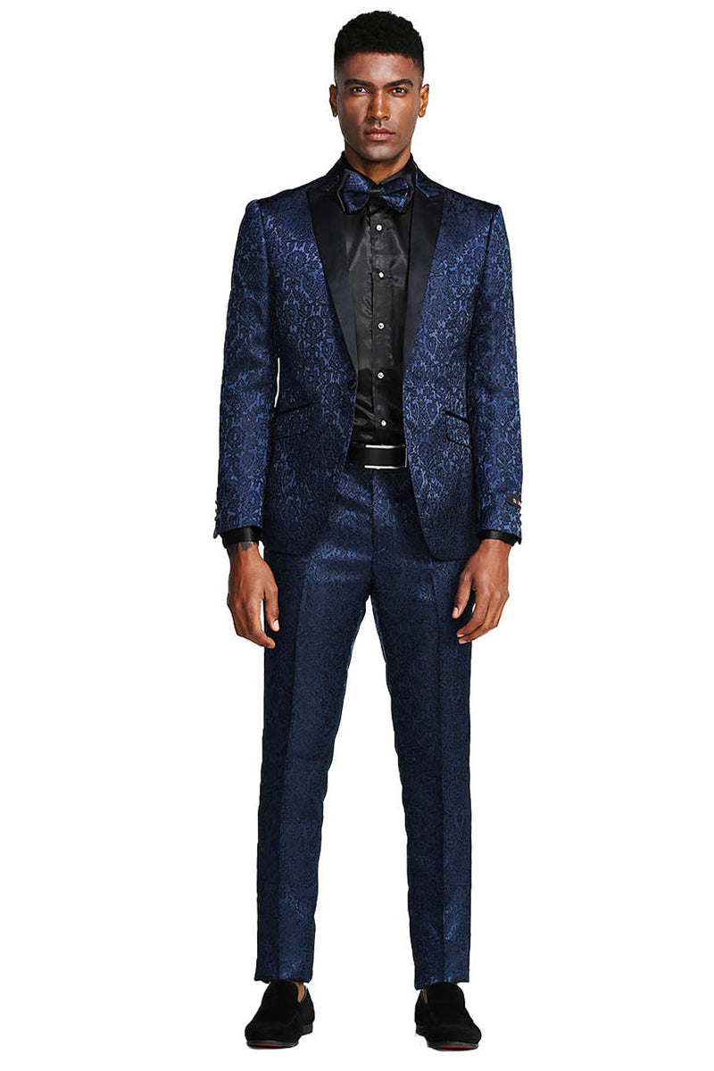 "Navy Blue Men's Slim Fit Paisley Tuxedo - One Button Wedding & Prom Suit"