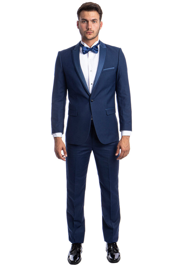 "Cobalt Blue Men's Slim Fit Tuxedo with Satin Trim for Prom 2026 & Wedding"