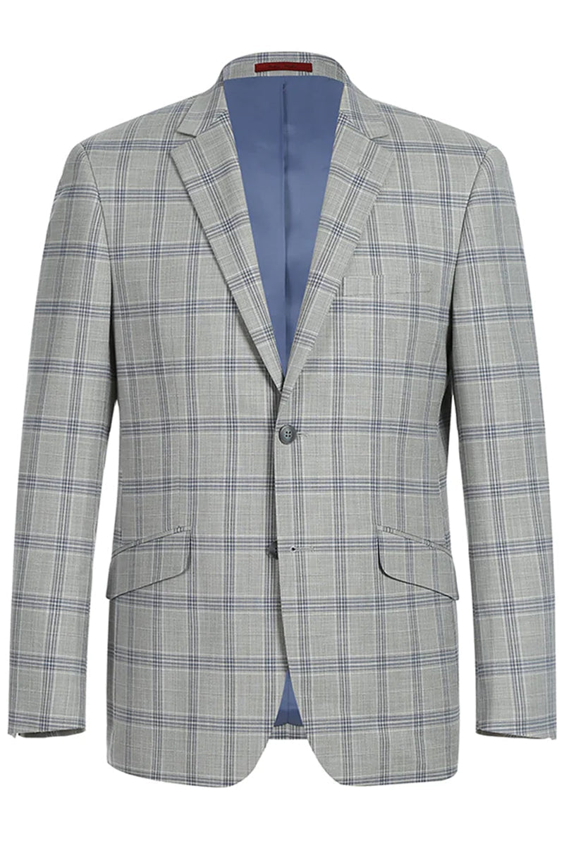 "Men's Slim Fit Two Button Suit - Light Grey & Blue Windowpane Plaid" - 34 Short