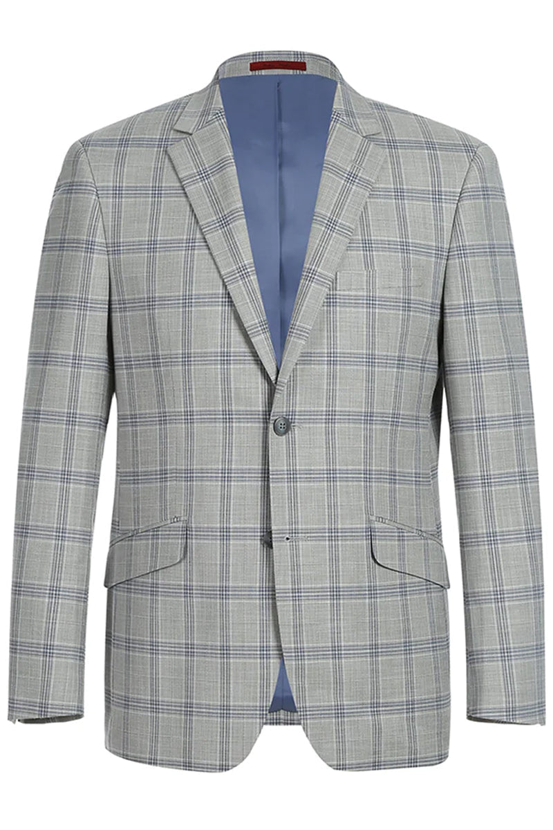"Men's Slim Fit Two Button Suit - Light Grey & Blue Windowpane Plaid"