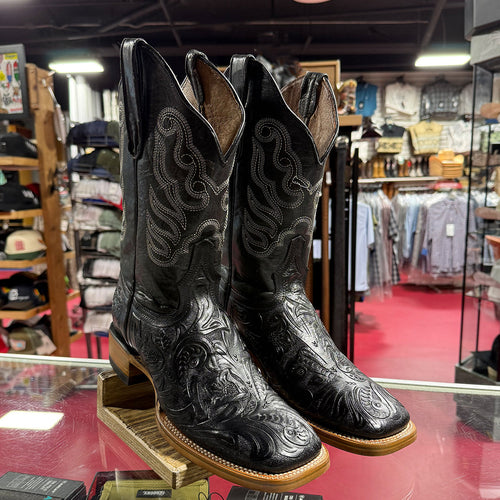 Men's Black Hand-Tooled Western Square Toe Boot