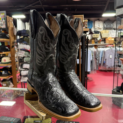 Men's Black Hand-Tooled Western Square Toe Boot