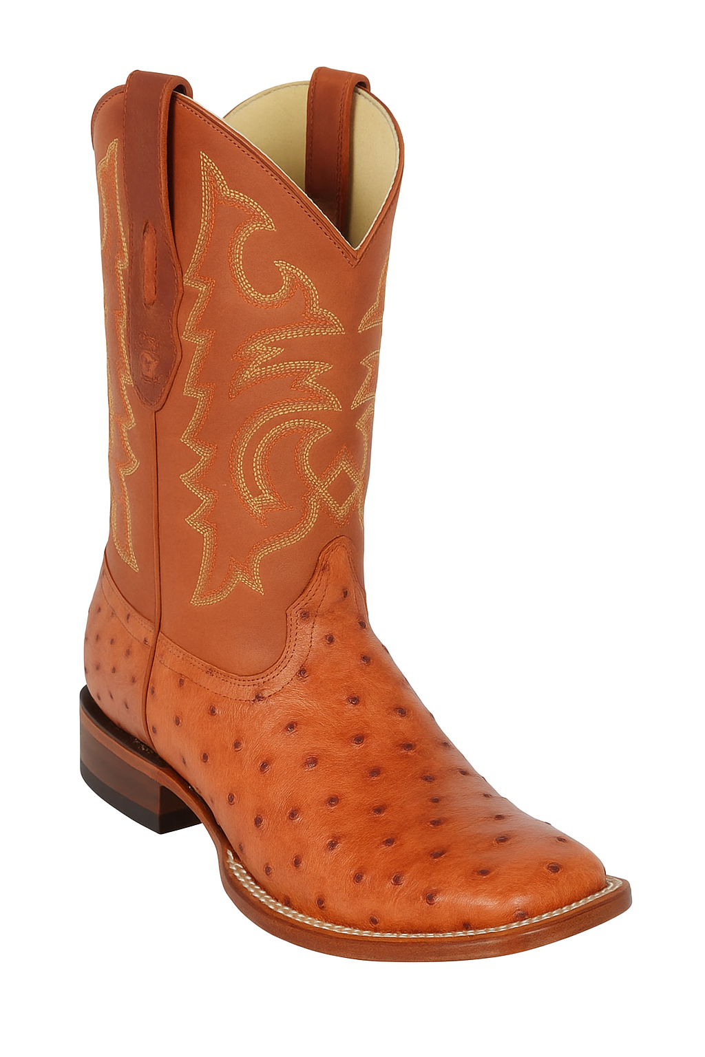 Men's Los Altos Ostrich Skin Wide Square Toe Boots - B-New Designer Collection - Amber