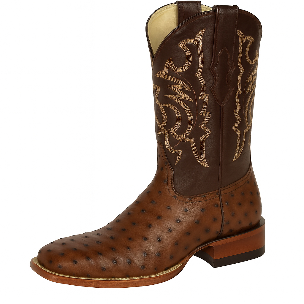 Men's Los Altos Ostrich Skin Wide Square Toe Boots - B-New Designer Collection - Amber