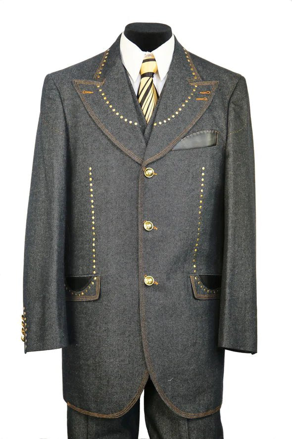Denim Suit - Cotton Fabric Vested Suit - 3 Pieces Suit - Vested Fancy  Zoot Suit - 38 Short Jacket+32 Waist Adjustable 28to34)(Height: 5 4 to5 7 )(Neck  15-16.5)S-M)