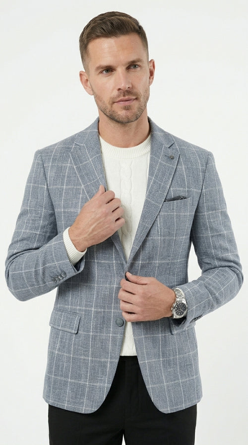 Stacy Adams Men’s Light Gray and Blue Textured Windowpane Sport Coat, Hybrid Fit Business Casual Blazer