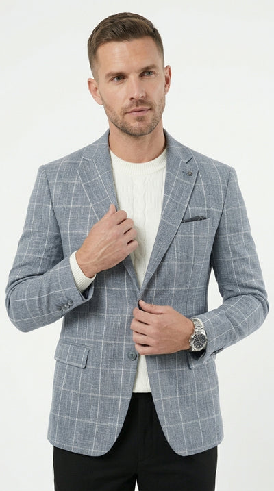 Stacy Adams Men’s Light Gray and Blue Textured Windowpane Sport Coat, Hybrid Fit Business Casual Blazer
