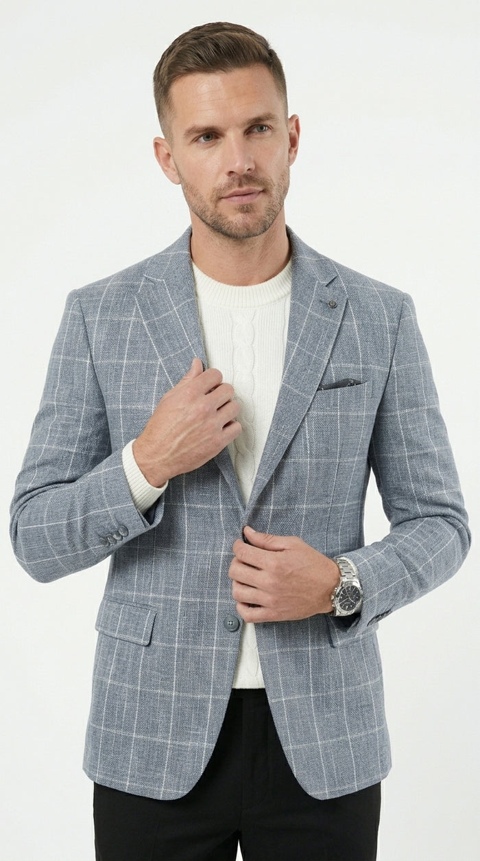 Stacy Adams Men’s Light Gray and Blue Textured Windowpane Sport Coat, Hybrid Fit Business Casual Blazer