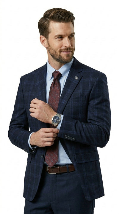 Stacy Adams Men’s Glen Plaid Hybrid Fit Sport Coat, Business Casual Blazer in Navy, Burgundy and Blue