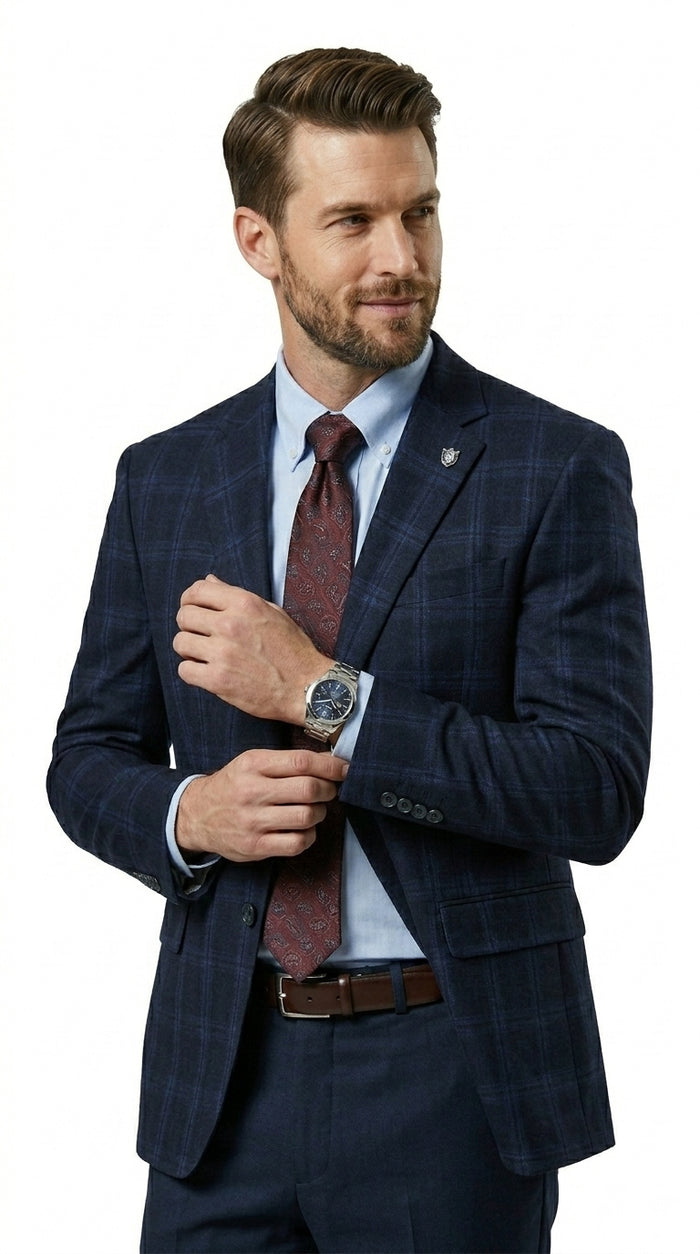 Stacy Adams Men’s Glen Plaid Hybrid Fit Sport Coat, Business Casual Blazer in Navy, Burgundy and Blue