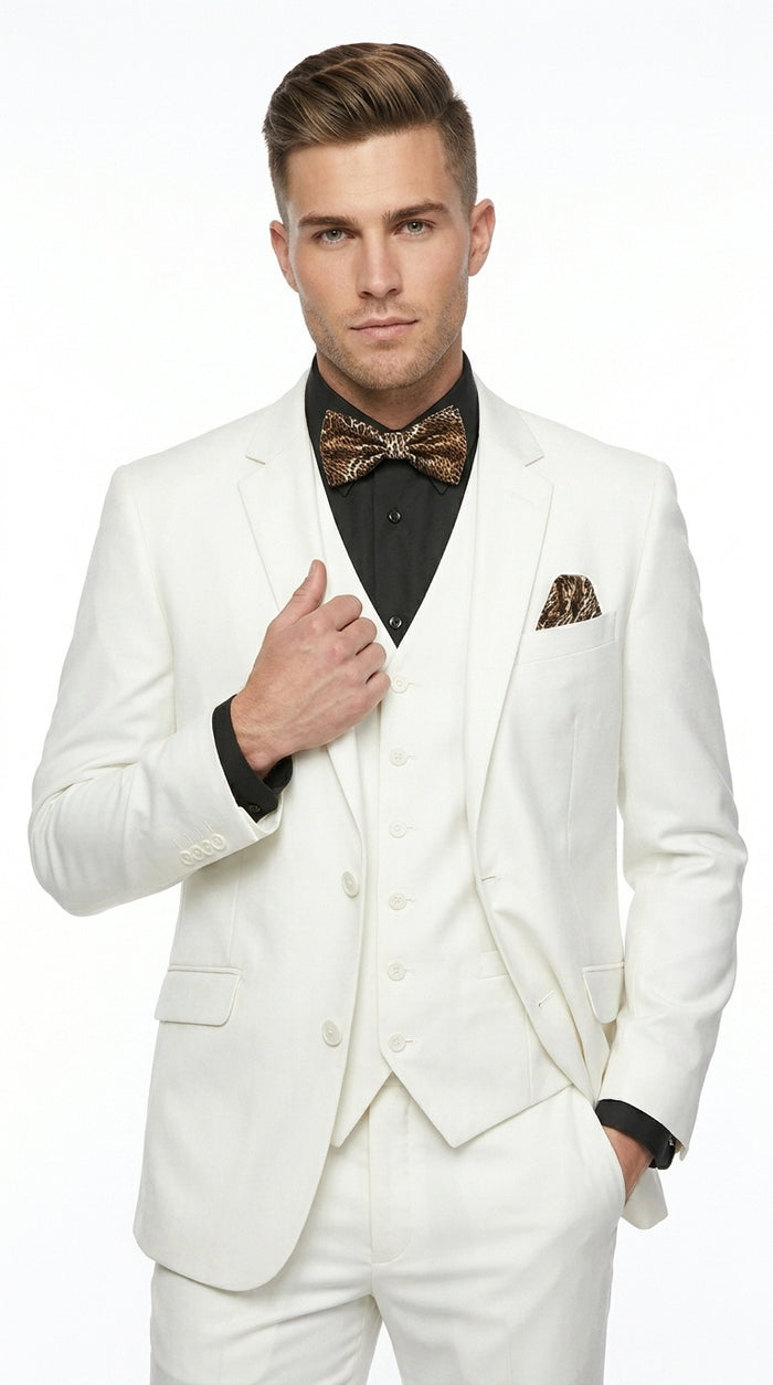 Men’s Off White 100% Wool Vested Suit, Solid Formal Wedding Prom 3 Piece Suit Set