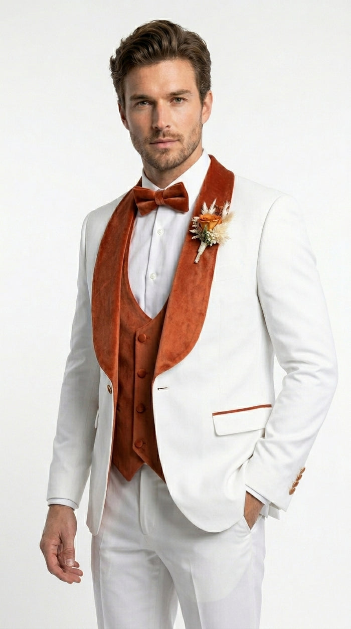 Men’s Cream Wedding Suit with Orange Contrast Shawl Lapel, Vested Groom Formal Suit Set