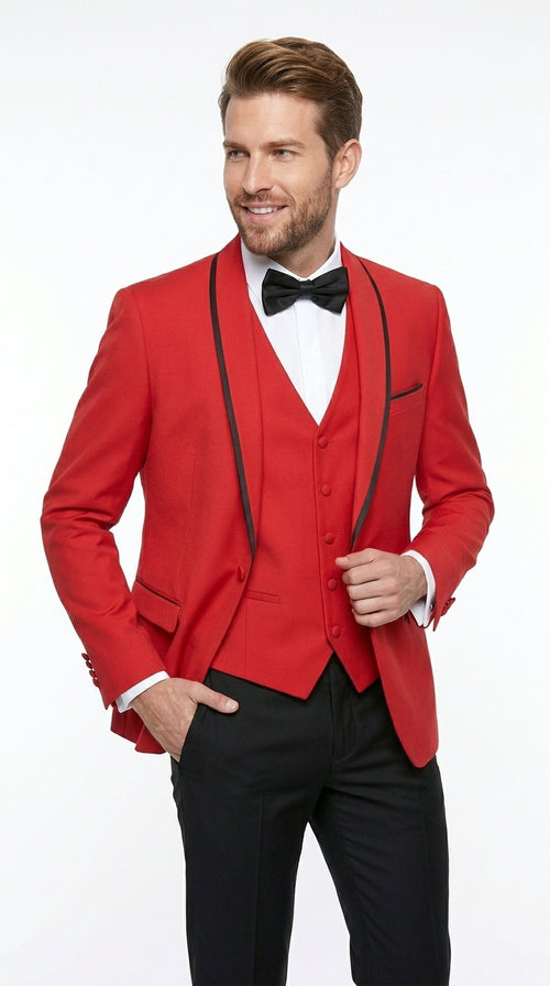 Statement Men’s Red 100% Wool Vested Tuxedo with Black Trim Fine Lapel, Wedding Prom Formal Suit Set