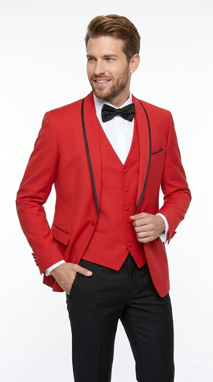 Statement Men’s Red 100% Wool Vested Tuxedo with Black Trim Fine Lapel, Wedding Prom Formal Suit Set