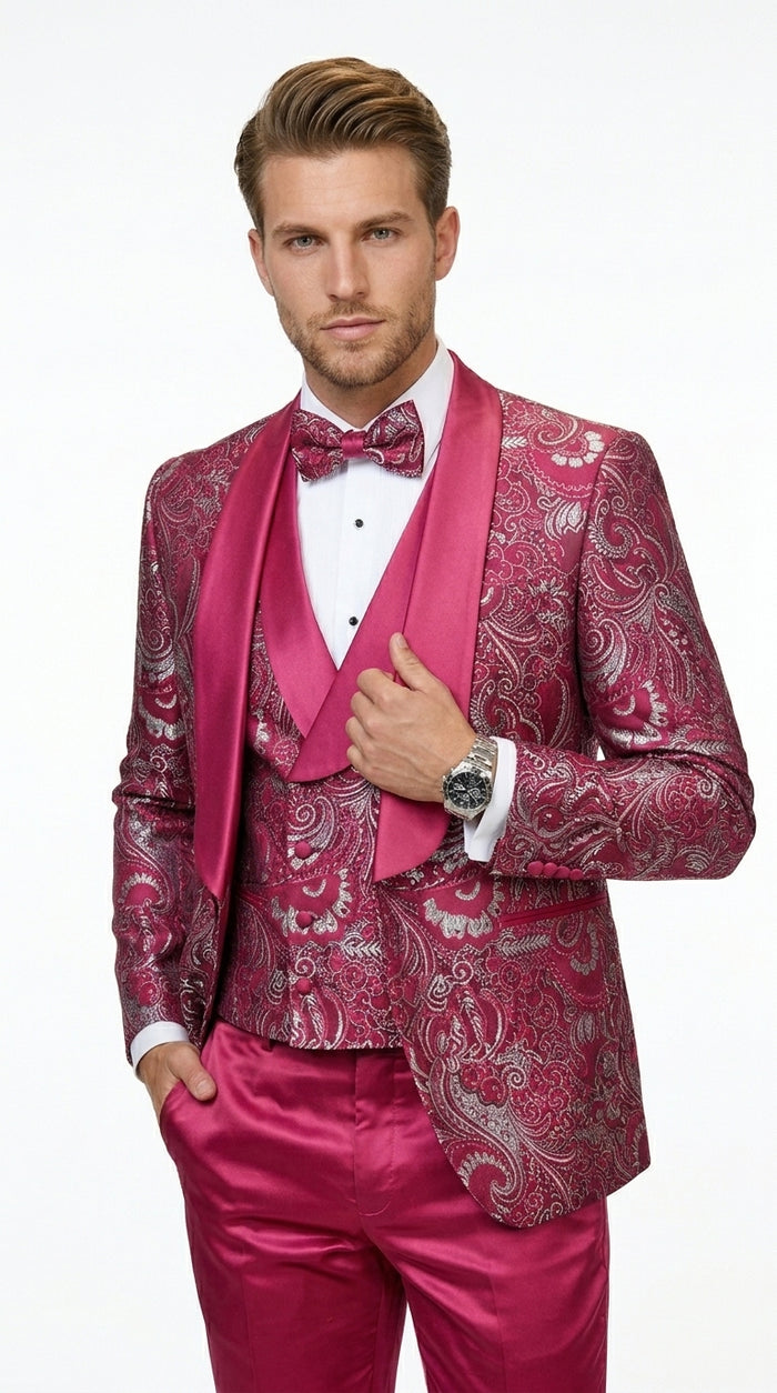 Statement Men’s Red Patterned Vested Tuxedo with Bowtie, Paisley Formal Wedding Prom Suit Set