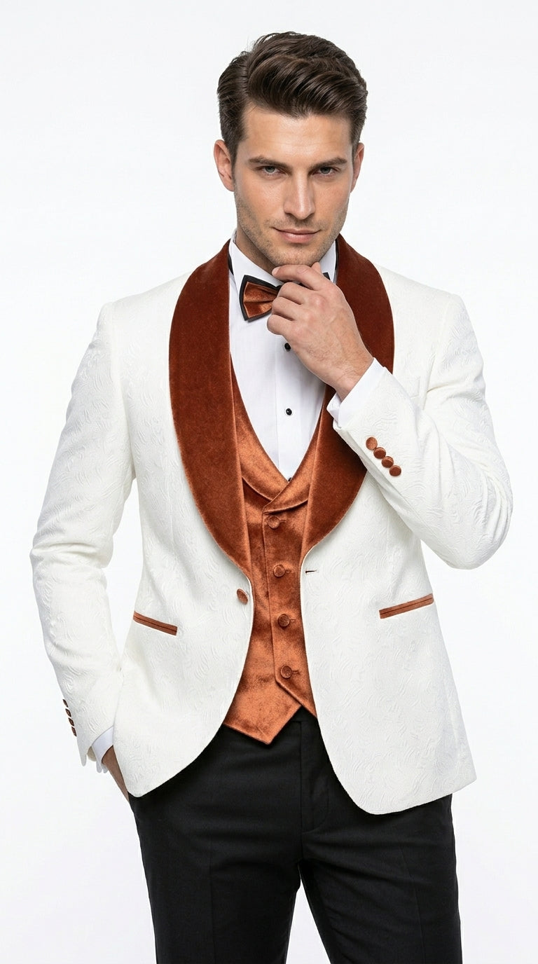 Men’s White Paisley Tuxedo with Burnt Orange Velvet Shawl Lapel, Formal Wedding Prom Dinner Suit - Orange and White