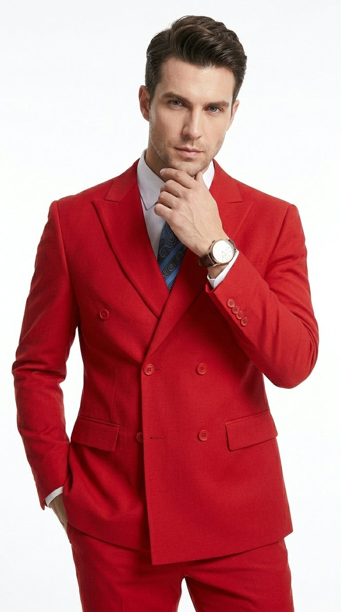 Men’s Red Double Breasted Poplin Suit, Classic Formal Wedding Church Business Suit Set