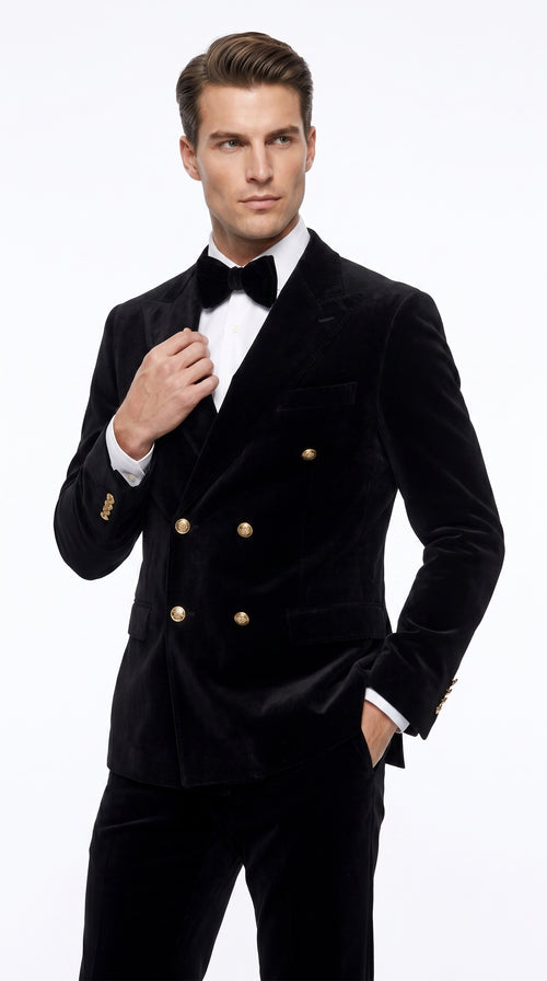 Men’s Rossi Man Zeus Black Velvet Double Breasted Tuxedo Suit, Formal Wedding Prom Dinner Suit Set