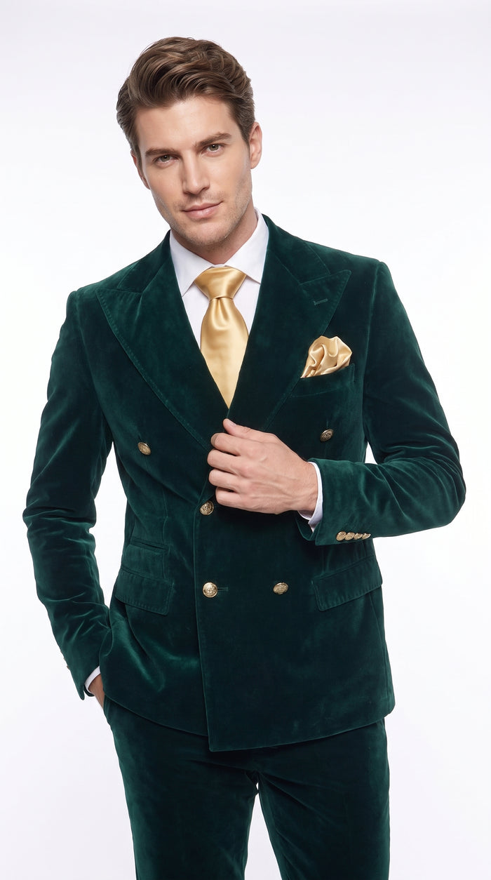 Men’s Rossi Man Zeus Emerald Green Velvet Double Breasted Tuxedo Suit, Formal Wedding Prom Dinner Suit
