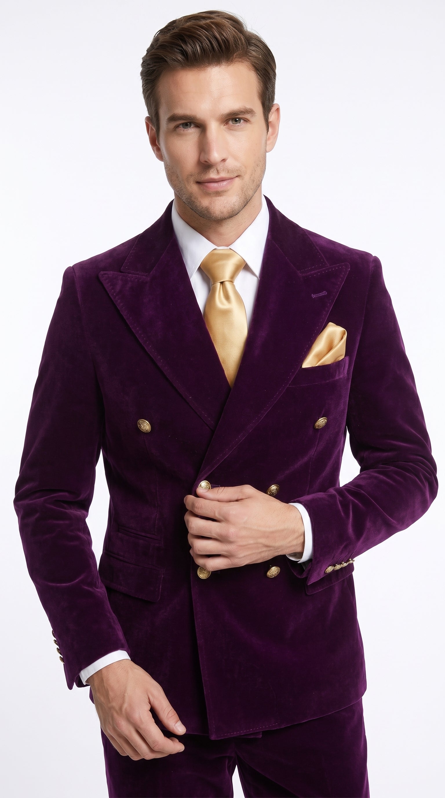 Men’s Rossi Man Zeus Purple Velvet Double Breasted Tuxedo Suit, Formal Wedding Prom Dinner Suit Set - 34 Short or Extra Small