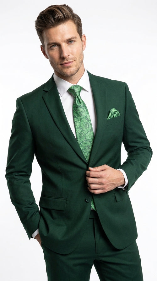 Men’s Green 2 Button Classic Fit Poplin Suit, Affordable Formal Wedding Business Dress Suit