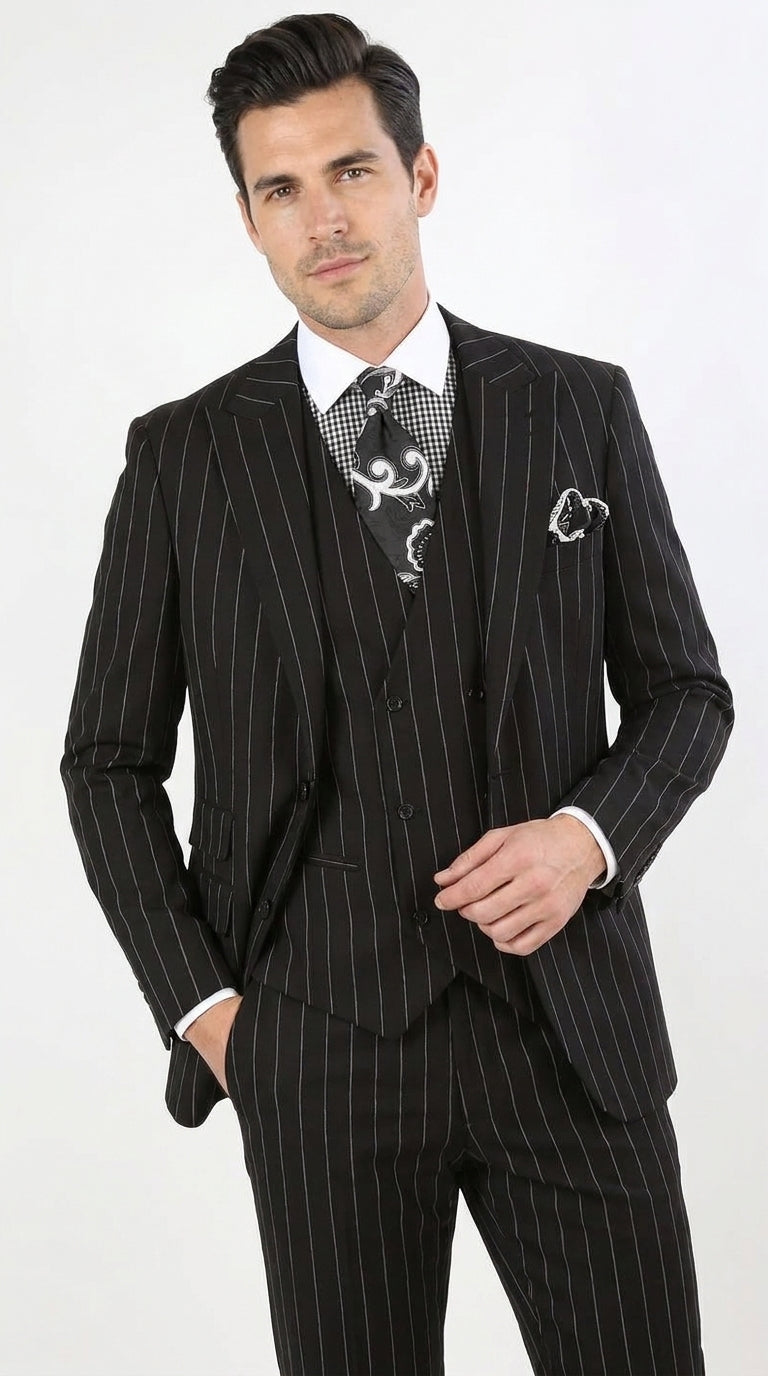 Royal Diamond Men’s Black Pinstripe 3-Piece Suit – Classic Wedding, Business and Formal Suit with Vest - 38 Short Jacket+32 Waist Adjustable 28to34)(Height: 5 4 to5 7 )(Neck  15-16.5)S-M)