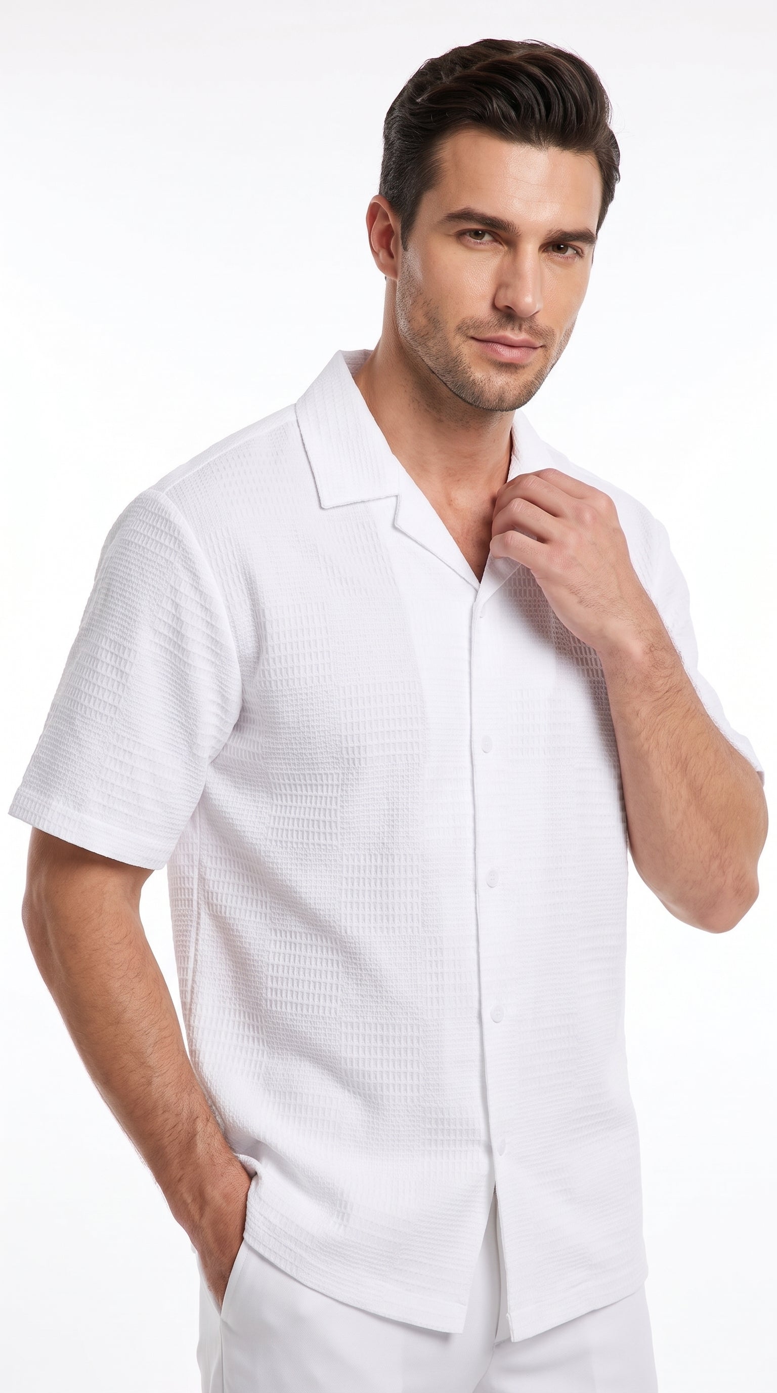Men’s White Walking Suit, Casual Short Sleeve Shirt and Pants Summer Set