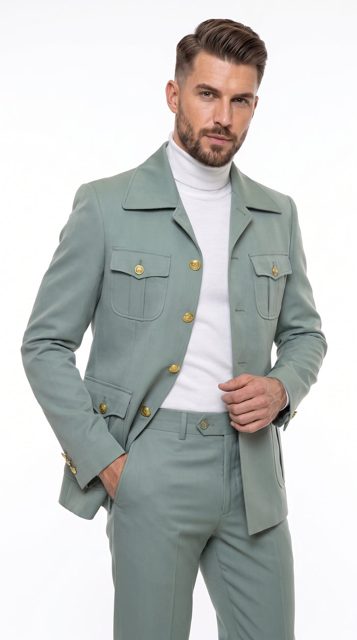 Men’s Olive Green Safari Suit Set, Utility Jacket and Adjustable Waist Pants Casual Outfit